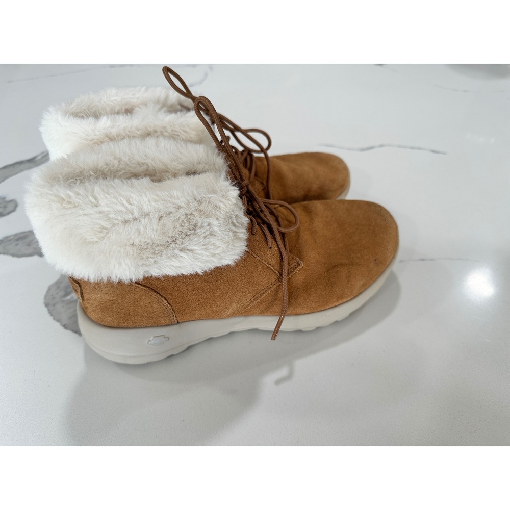 Skechers On-the-GO Joy Women 7 Chestnut Suede Faux Fur Lace Up Boots